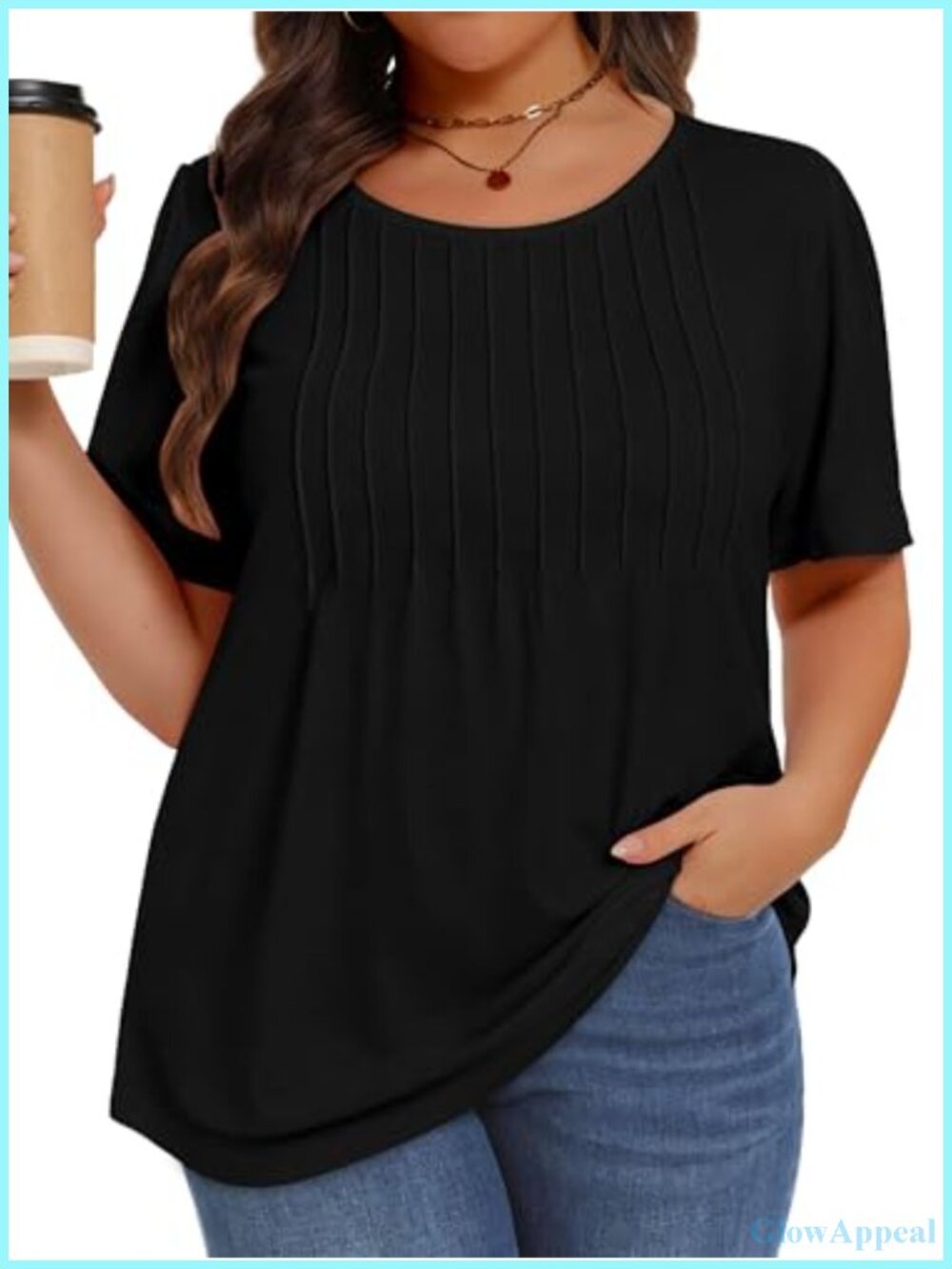 Plus Size Pleated Short Sleeve Tunic Top Cotton Blend Women's Casual Blouse